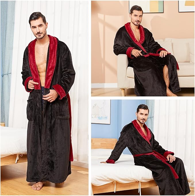 FashGudim Mens Robes Big and Tall Full Length Plush Fleece Long Robe for Men Bathrobe Shawl Collar Warm Winter House Robes