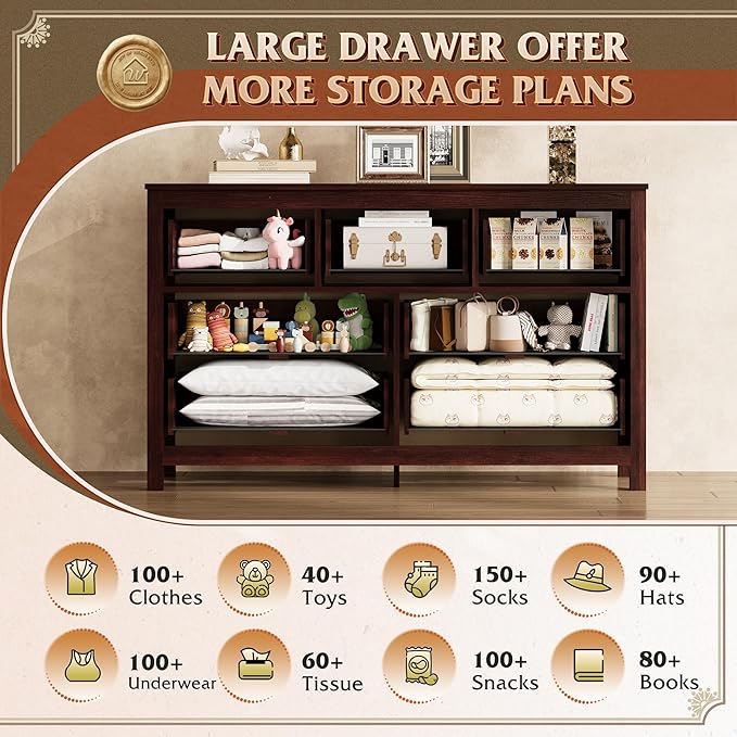 WLIVE Farmhouse Dresser for Bedroom, 51.18'' Wide 7 Drawer Wood Dresser, TV Stand for 65 inch TV, Wooden Chest of Drawers for Bedroom, Modern Clothes Organizer for Living Room, Hallway, Rustic Brown