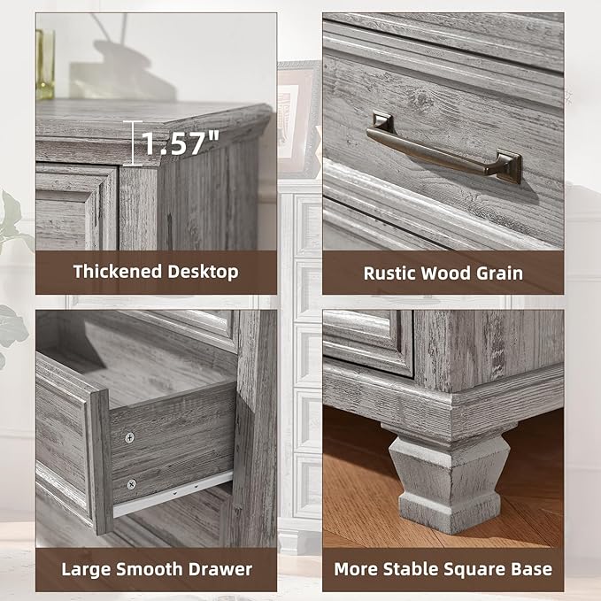 Farmhouse 5 Drawer Dresser for Bedroom, 45” Tall Dresser for Closet, Rustic Wooden Chests of Drawer for Bedroom, Hallway, Entryway, Grey