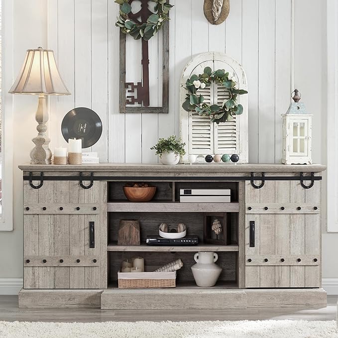 OKD 75" Farmhouse TV Stand for TVs Up to 85 Inches, Large Rustic Entertainment Center with Sliding Barn Door, Tall Highboy Media Console Table with Storage Cabinet for Living Room, Light Rustic Oak
