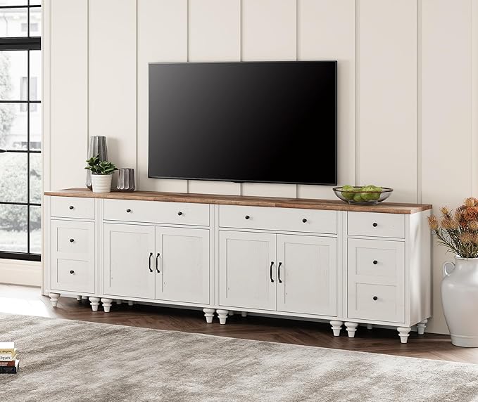 WAMPAT Farmhouse TV Stand for 100 Inch TV, 4-in-1 TV Console Table for 75/80/85/90 Inch TV, Entertainment Center with Charging Station, Kitchen Sideboard Buffet Cabinet for Dining Room, White