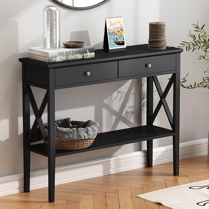 ChooChoo Console Table with Drawers, Narrow Wood Accent Sofa Table Entryway Table with Storage Shelf for Entryway, Front Hall, Hallway, Living Room, Black