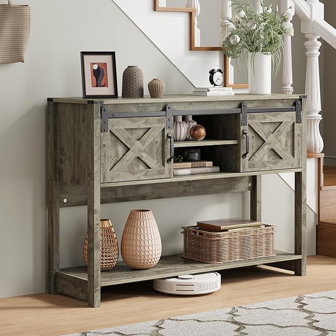 RoyalCraft Console Table with Storage Shelf & Sliding Barn Door, Farmhouse Entryway Table with Storage, 46" Narrow Long Sofa Table, Behind Couch Table, Console Tables for Living Room, Entryway, Foyer