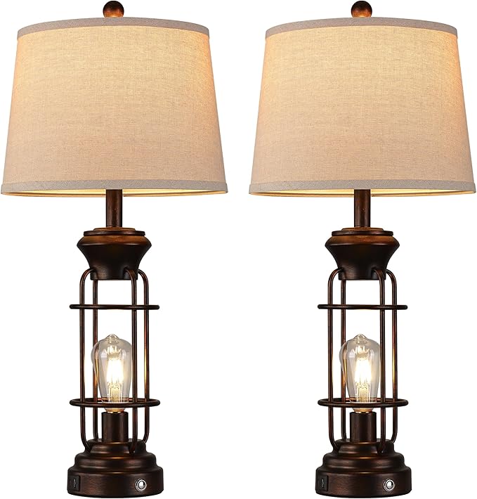 Table Lamps for Living Room Set of 2, 28.5" Farmhouse Lamps for Nightstand with USB C+A Ports, Touch Lamps for Bedroom, LED Bulbs Included