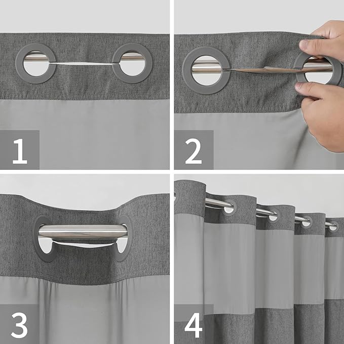 Extra Long No Hooks Needed Linen Textured Shower Curtain with Snap-in Fabric Liner Set,White Hotel Luxury Decor Shower Curtains for Bathroom,Waterproof & Washable,71Wx86H,Charcoal Grey