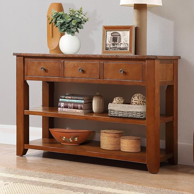 Knocbel Farmhouse Entryway Long Console Table with 3 Storage Drawers and 2 Lower Shelves, Entry Hallway Foyer Sofa Table with Handles