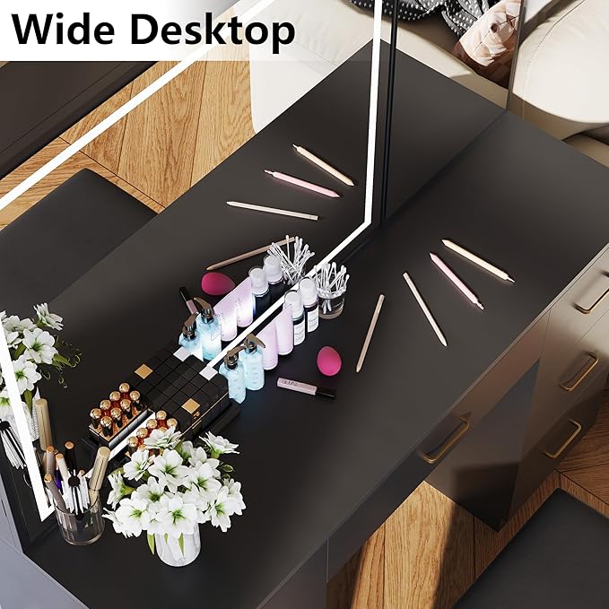 Vanity Desk with Large Mirror and Lights, Black Makeup Vanity with 7 Drawers, Adjustable Brightness Vanity Table with Glass Door Cabinet, Modern Vanity Set with Stool for Bedroom