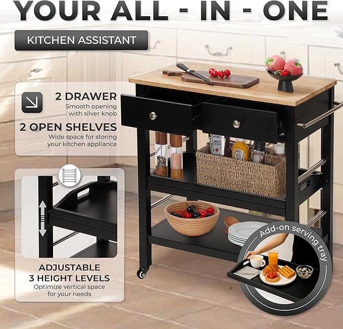 Rolling Kitchen Island Cart, Black Kitchen Cart with Rubberwood Top, Ample Storage Drawers, Adjustable Shelves, Utility Cart with Wheels for Small Kitchens, 35” Height
