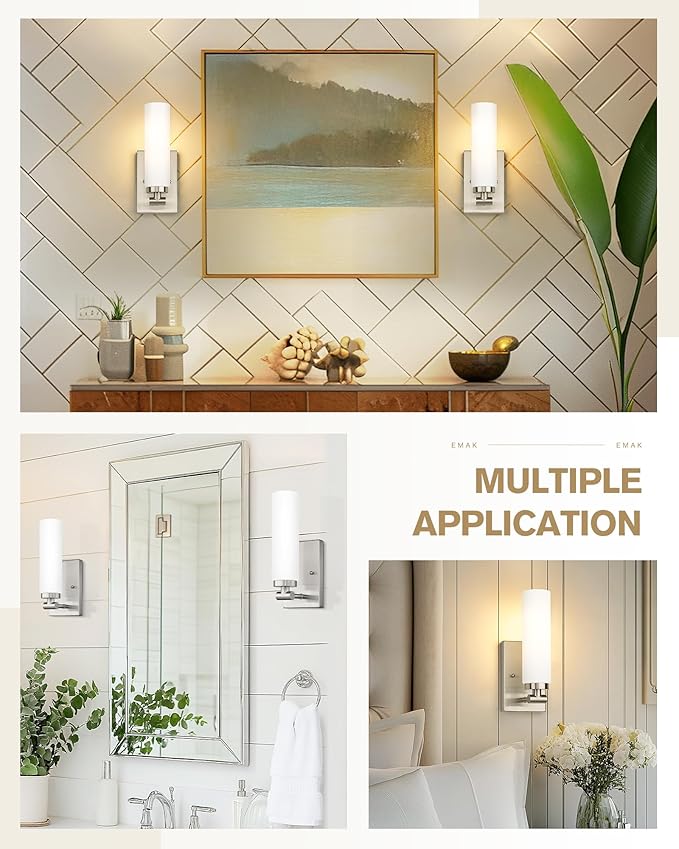 Emak Brushed Nickel Wall Sconces, 2 Light Bathroom Light Fixtures with Milk Glass Shade, Modern Wall Lights for Bathroom, Mirror, Living Room, Bedroom, Gallery, WS086-BN-ML-2PK