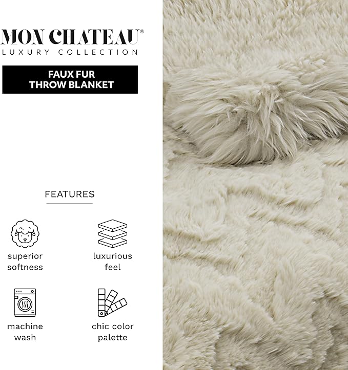 Mon Chateau Premium Reversible Queen Size Luxury Faux Fur Throw for Couch, Sofa, or Queen Size Bed - Plush Cozy Soft Blanket for Sleeping or Home Décor, 60" x 70" (Beige Jacquard)