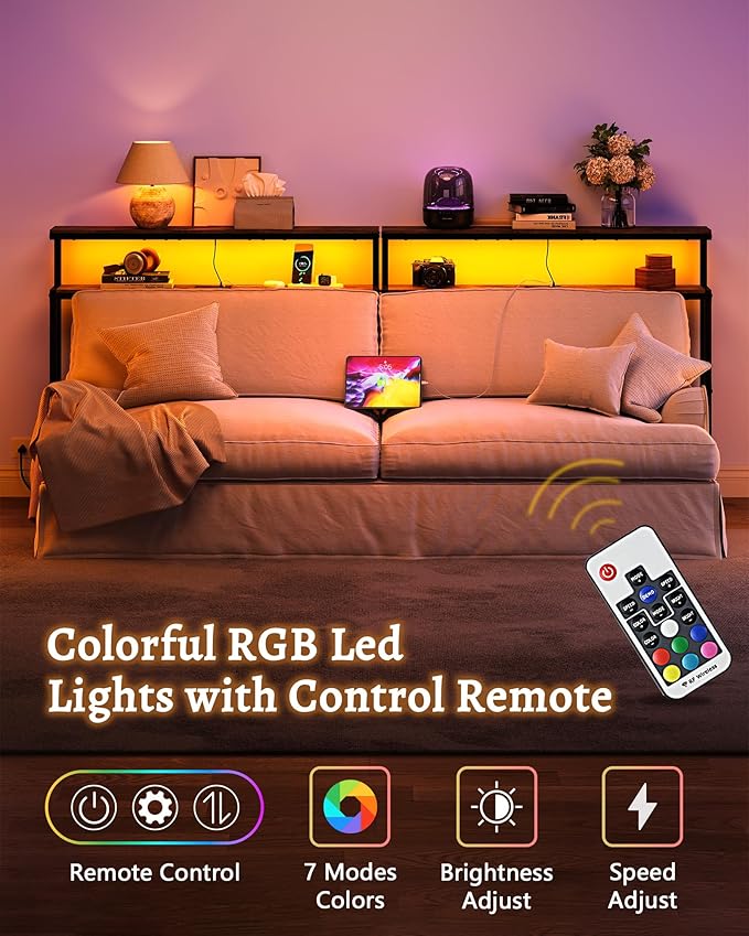 FAVOOSTY 5.9" Narrow Console Table with Led Light and Charging Station 46.8" Behind Couch Table Skinny Sofa Table with Power Outlets for Living Room, Hallway, EntryWay, Rustic Brown&Black