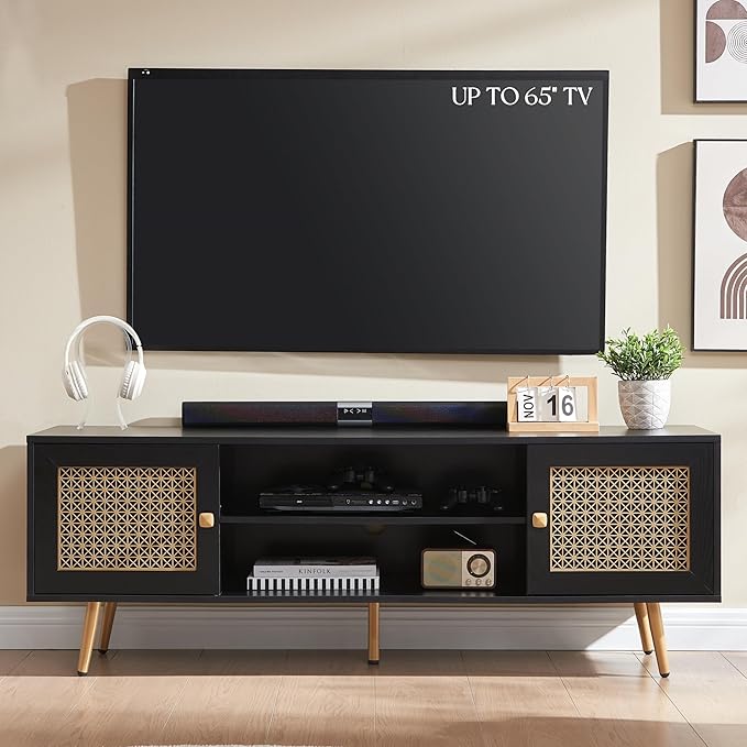 Modern TV Stand with Storage Cabinet for Living Room, Entertainment Center for TVs up to 65", Mid Century Media Console, Black