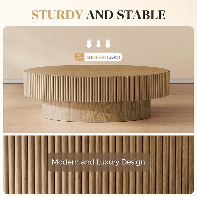 Oval Wood Coffee Table, Modern Fluted Coffee Table for Living Room, Veneer Handcrafted Relief 43.7" Olive-Shaped Tea Table with Sturdy Pedestal，Easy Assembly - Natural