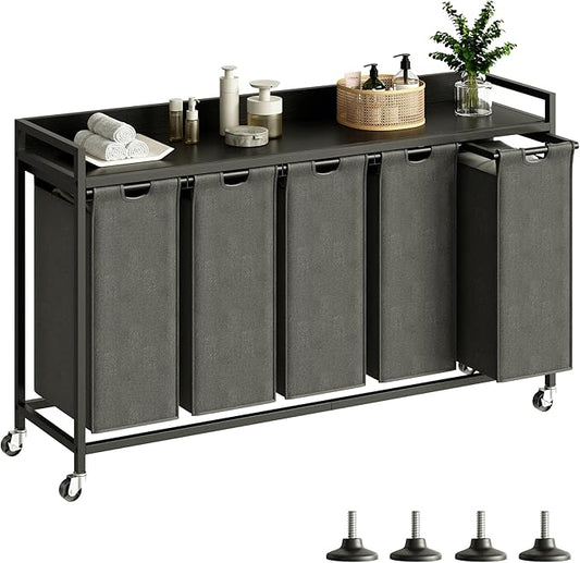Laundry Hamper with Shelf, Laundry Basket 5 Section, Laundry Sorter with Pull-Out Removable Large Bags and Movable Wheels, Metal Frame, 5 x 15.87 Gallons (60L), Black PF08XLB