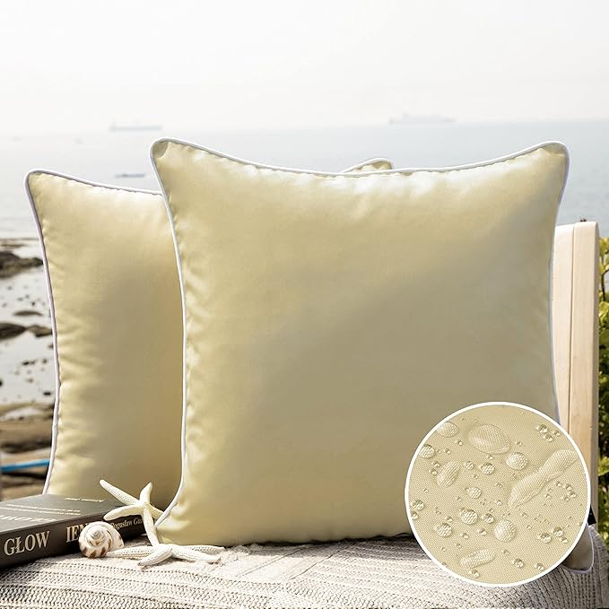Phantoscope Pack of 2 Outdoor Waterproof Solid Throw Decorative Pillow Cover Decorative Square Outdoor Pillows Cushion Case Patio Pillows for Couch Tent Sunbrella (20''x20'', Beige)