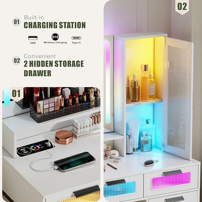 Vanity Desk with Mirror and RGB Lights, Makeup Vanity Desk with Wireless Charging Station,Large Dressing Table Set with Stool,LED Vanity Table with 6 Drawers/Cabinet/Shelves for Bedroom, White