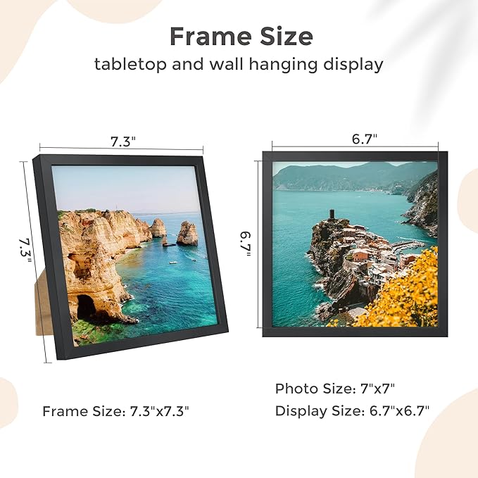 7x7 Metal Picture Frame - Black Aluminum Square Frames with Real Glass, Wall Mounting Horizontally or Vertically, Simple and Elegant Decor for Wall Gallery Poster Photo Frames, Black