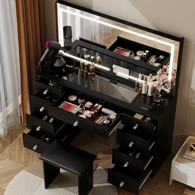 VOWNER Vanity with Lighted Mirror - 47" Glass Top Makeup Vanity Desk with 9 Drawers and Power Outlet, 3 Color Lighting Modes Adjustable Brightness, Makeup Desk with Cushioned Stool for Bedroom, Black