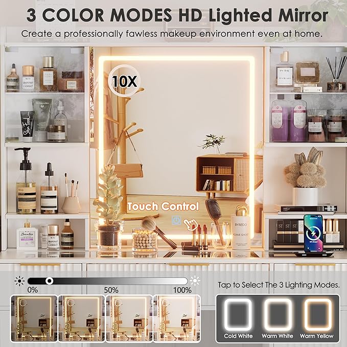 PAKASEPT Vanity Desk with Mirror and Lights, Fluted Makeup Vanity Desk with Lights 3 Colors, Glass Top Vanity with 16 RGB Colors Cabinet, 2 Shelves & 5 Drawers & Power Outlet