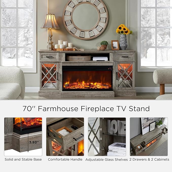 OKD 3-Sided Glass Farmhouse Fireplace TV Stand - Highboy Entertainment Center with Glass Door Storage Cabinet, 70'' Large TV Stands with Electric Fireplace, Light Rustic Oak