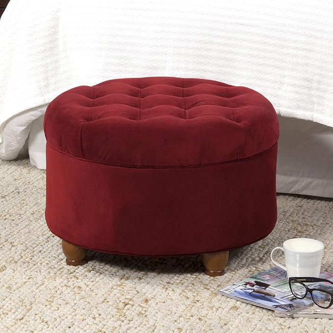 Homepop Home Decor |N8264-B119 | Large Button Tufted Velvet Round Storage Ottoman | Ottoman with Storage for Living Room & Bedroom, Berry
