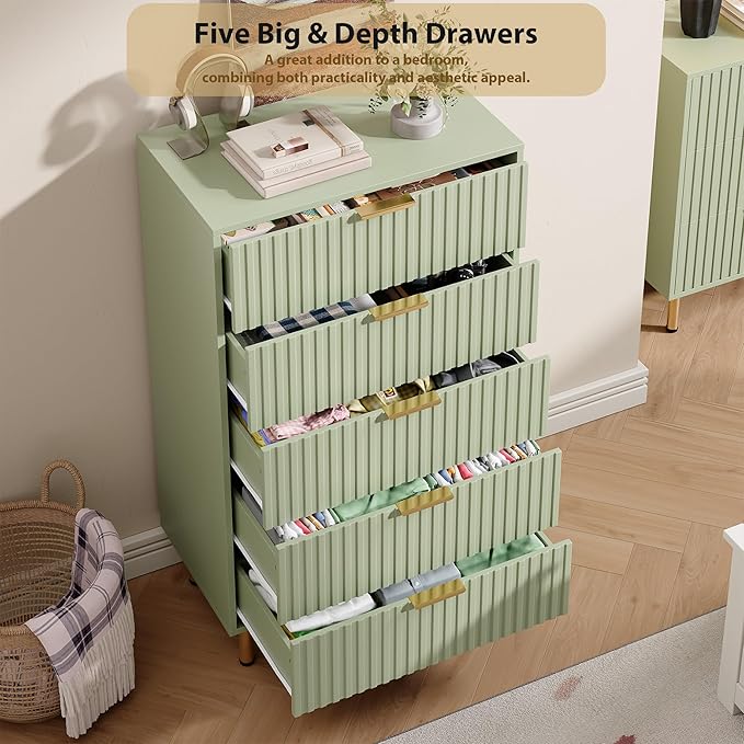 5 Drawer Dresser for Bedroom, 48" Tall Modern Chest of Drawers with Deep Drawers and Wide Top, Fluted Wooden Dresser Organizer for Living Room, Hallway, Kids Room, Green