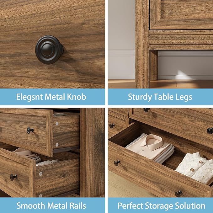 CARPETNAL 55" Walnut Dresser for Bedroom, 6 Drawer Dresser with Wide Drawer and Metal Handles, Wood Dressers & Chests of Drawers for Hallway, Entryway.