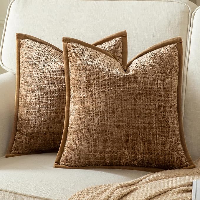 Yaertun Pack of 2 Chenille Textured Decorative Throw Pillow Covers Accent Solid Cushion Cover Soft Cozy Pillow Case with Velvet Back for Couch Sofa Bed Living Room 18x18 Inch Light Brown