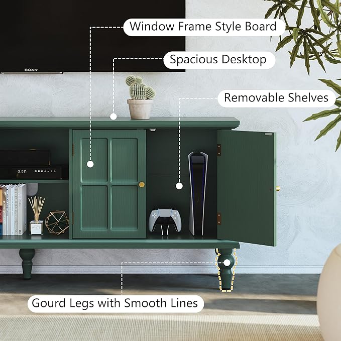 3More 67" Mid Century Modern TV Stand with Window Design,Wood Entertainment Center with Open Shelf,Up to 70" Media TV for Living Room or Bedroom,Green