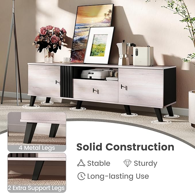 Giantex Mid Century ModernTV Stand for 65-80 Inch TV, Wood Entertainment Center with Storage Drawer, 2 Side Cabinet &Open Shelf, TV Console Table for Bedroom, Living Room