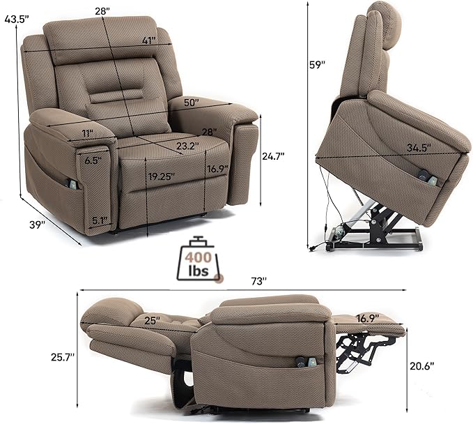 28 Inch Extra Wide Recliner Lay Flat 180°, Big Man 400lbs Oversized, Power Lift Recliner with Heat and Massage for Elderly, Large Heavy Duty Recliners with Cup Holders and Wireless Phone Charger