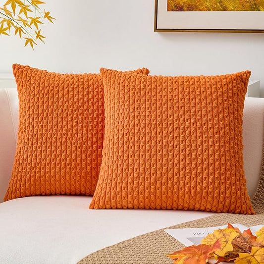 Kevin Textile Pack of 2 Corduroy Decorative Throw Pillow Covers 24x24 Inch Soft Boho Striped Pillow Covers Modern Farmhouse Home Decor for Spring Sofa Living Room Couch Bed Orange