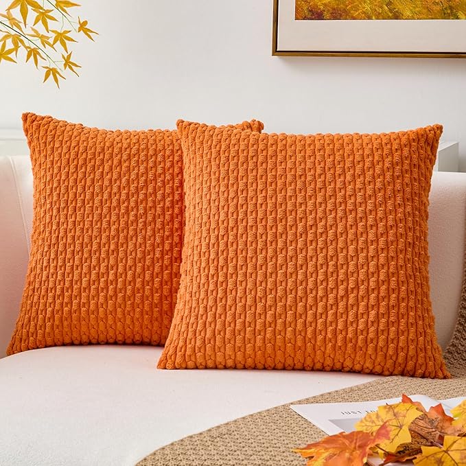 Kevin Textile Fall 2 Packs Decorative Throw Pillow Covers 20x20 Inch for Couch Bed Sofa Modern Farmhouse Boho Home Decor Soft Cute Plush Corduroy Cushion Case Orange 50x50 CM