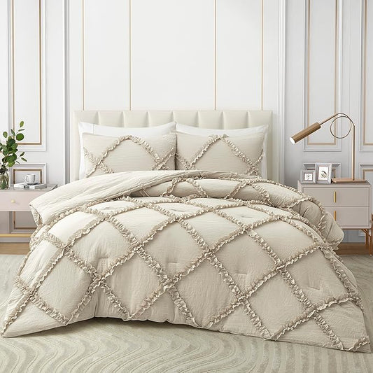 Bonlino Twin Comforter Set Soft Bedding - 2 Pcs Tufted Decor Fluffy Comforter Boho Bed in a Bag with Cute Lightweight Pillowcase for Dorm Farmhouse Bedroom Luxury Gift(Wheat)
