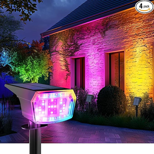 Solar Spot Lights Outdoor, 9 Lighting Modes RGB, Solar Lights Outdoor Waterproof IP65, 63 LED Landscape Spotlights for Holiday Decorations