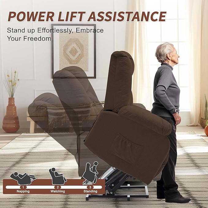 Oversized Dual Motor Power Lift Recliner for Adults, Electric Lift Chair with Heating and Massage, Waffle Fabric Electric Recliner Chair with Side Pockets, Wide Recliner for Living Room