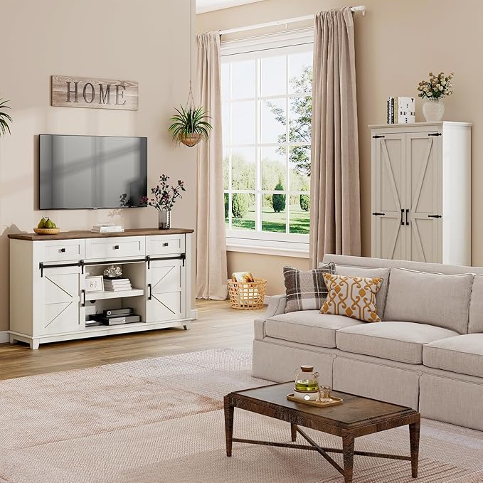 Farmhouse TV Stand with Sliding Barn Door & Drawer, 59" Rustic Entertainment Center for TVs up to 65", Buffet Storage Cabinet for Living Room, Dinning Room, White+Barnwood