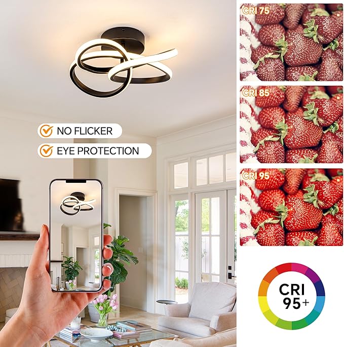 Modern Ceiling Light, 36W LED Dimmable Ceiling Light with Remote Control, 3000-6000K Color Temperature Changing, Balck Small Chandelier for Bedroom, Entryway, Hallway, Kitchen