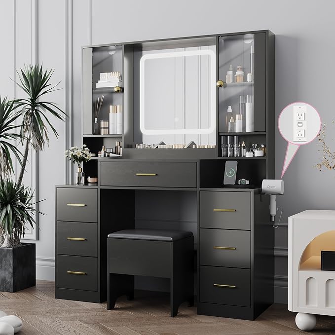 Makeup Vanity with LED Light Strip Mirror and Chair, 7 Drawers & 2 RGB Cabinets Black Vanity Makeup Desk with Power Strip, Adjustable LED Lighting, and Cushioned Stool for Women, Girls, Teens