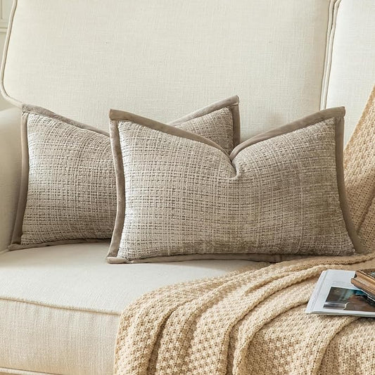 Yaertun Pack of 2 Chenille Textured Decorative Throw Pillow Covers Accent Solid Cushion Cover Soft Cozy Pillow Case with Velvet Back for Couch Sofa Bed Living Room 12x20 Inch Khaki