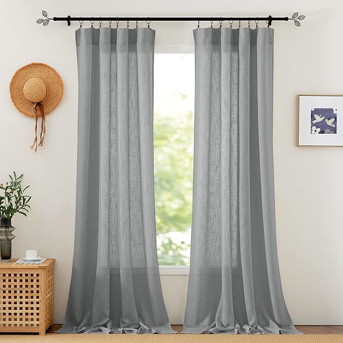 RYB HOME Linen Curtains Sheer - Linen Textured Blend Curtains Privacy Semi Sheer Drapes Light Filtering Backdrop for Bedroom Living Room Dining, Grey, W 52 x L 90 inch, 1 Pair