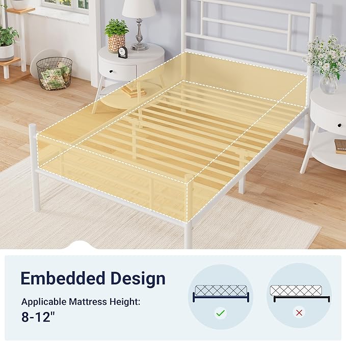 Allewie 14 Inch Queen Size Metal Platform Bed Frame with Headboard and Footboard, Underbed Storage, Strong Metal Slats Support, Mattress Foundation, No Box Spring Needed, Easy Assembly, White