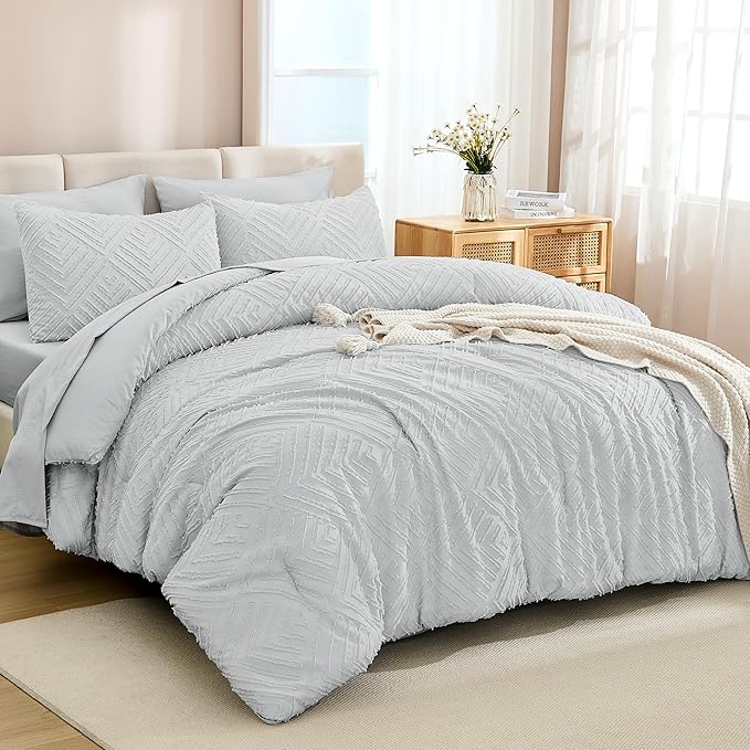 Andency Light Grey Full Size Comforter Set with Sheets - 7 Pieces Bed in a Bag Boho Tufted Bedding Sets Fluffy Lightweight Gray Full Bed Set with Comforter, Sheets, Pillowcases & Shams for All Season
