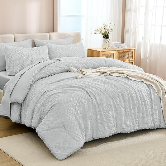 Andency Light Grey Full Size Comforter Set with Sheets - 7 Pieces Bed in a Bag Boho Tufted Bedding Sets Fluffy Lightweight Gray Full Bed Set with Comforter, Sheets, Pillowcases & Shams for All Season