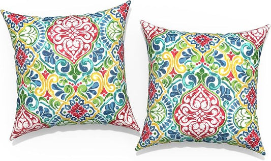 Outdoor Pillow Covers for Patio Furniture 20x20 Inch, Decorative Patio Throw Pillow Covers Set of 2, Modern Square Cushion Cases for Porch Garden Home Office,Damask Red