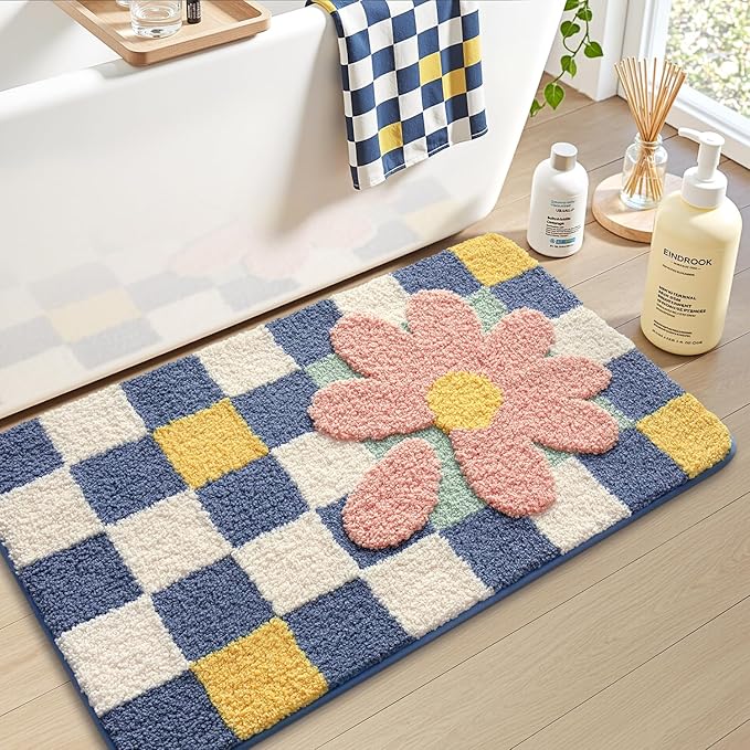 LUMI Bathroom Rug 20x32, Soft Absorbent Microfiber Bath Mats, Machine Washable Bath Rugs with Non-Slip Backing, Checkered Design Floor Mat for Bathroom, Shower and Bathtub Floor, Grid Flower