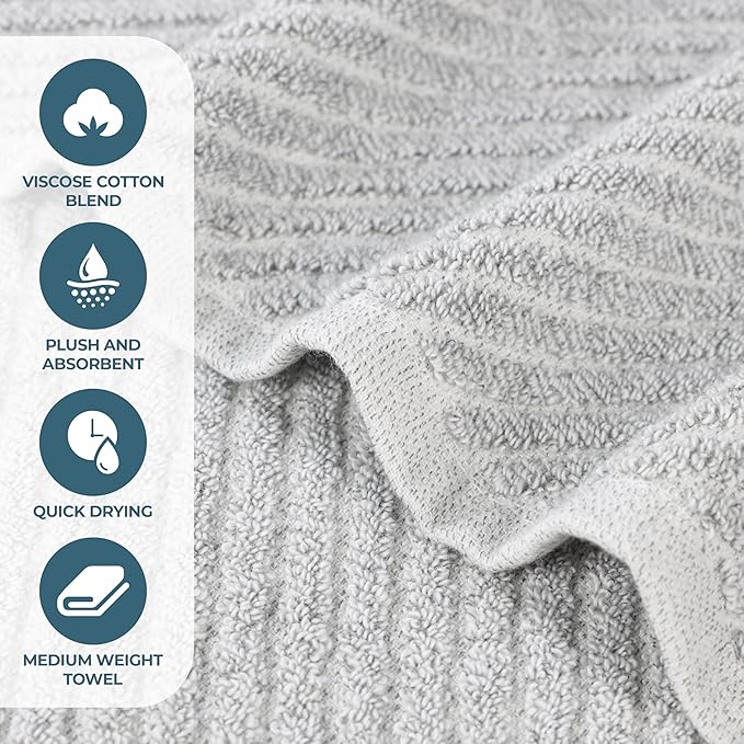 Superior Amelia Viscose Cotton Blend Medium Weight Towels, Kitchen, Bathroom, Shower, Plush, Quick Dry, Ultra-Soft Towels, Bath Essentials, Ribbed Design, Absorbent Hand Towels, Set of 6, Platinum