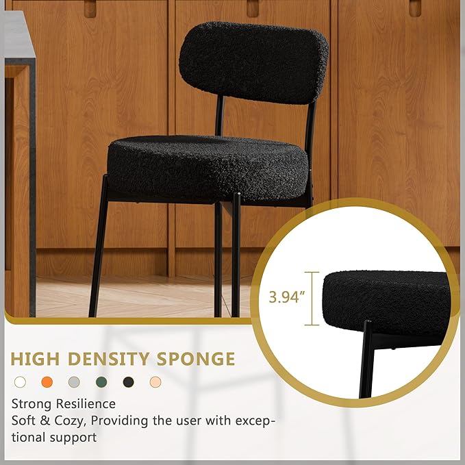 DYHOME Black Bar Stools Set of 3, 24 Inch Modern Counter Height Bar Stools with Curved Back Metal Legs, Upholstered Boucle Barstools for Kitchen Island, Cafe