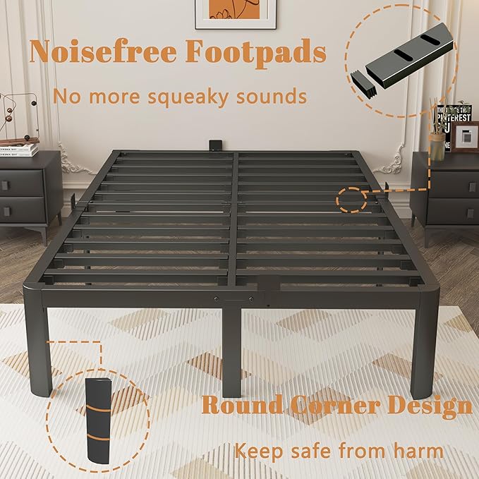 14 Inch Full Size Bed Frame, Metal Bed Frame Full with Gaskets, No Box Spring Needed, Heavy Duty Steel Platform Supprt, Rounded Corner Legs, Reserved Holes, Noise Free, Storage Space, Black