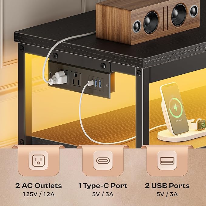 Huuger LED TV Stand for Bedroom, 55 Inch Fabric Dresser with Power Outlets, Entertainment Center for 60, 55, 50 Inch TV, 6 Drawer Dresser for Bedroom, Chest of Drawers with Shlef, PU Leather, Black